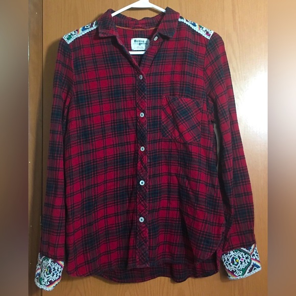 Anthropologie Holding Horses Plaid Flannel Womens Small Button Shirt Boho - Picture 1 of 6